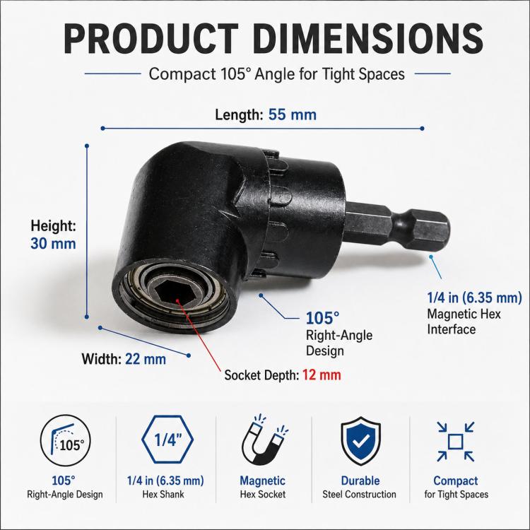 105 Degree Angle Drill Attachment 1/4 Inch Hex Shank Magnetic Angle Driver Adapter, Screwdriver Corner Tool
