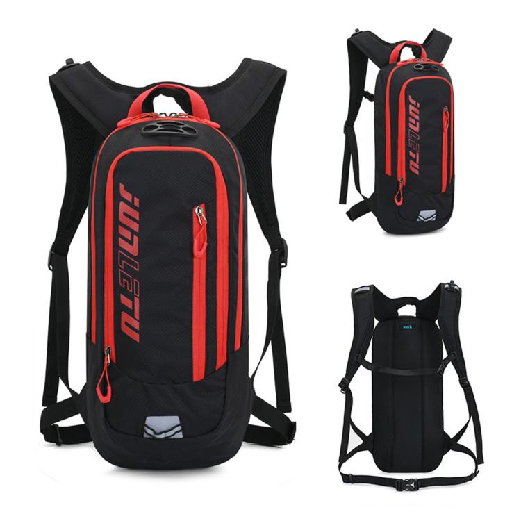 Black and red hydration backpack with adjustable shoulder straps and top carry handle