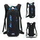 Black hydration backpack with blue accents, front zip pocket, and adjustable shoulder straps
