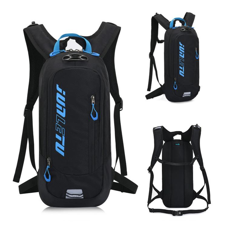 Black hydration backpack with blue accents, front zip pocket, and adjustable shoulder straps