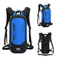 Blue hydration backpack with black base, front zip pocket, and adjustable shoulder straps
