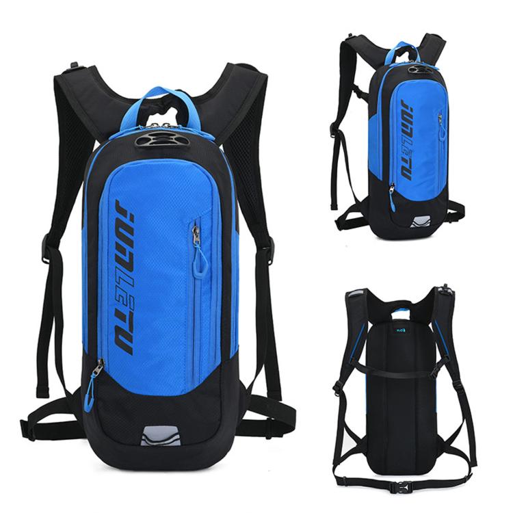 Blue hydration backpack with black base, front zip pocket, and adjustable shoulder straps