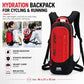 Red and black hydration backpack with front zip pocket and adjustable shoulder straps