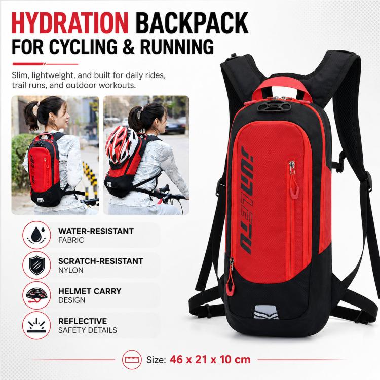 Red and black hydration backpack with front zip pocket and adjustable shoulder straps