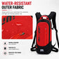 Red hydration backpack with black trim and front zip pocket