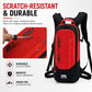 Red and black hydration backpack with front zip pocket and adjustable shoulder straps