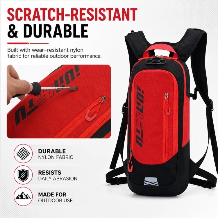 Red and black hydration backpack with front zip pocket and adjustable shoulder straps