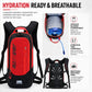 Red and black hydration backpack with hydration tube access and breathable back mesh panel