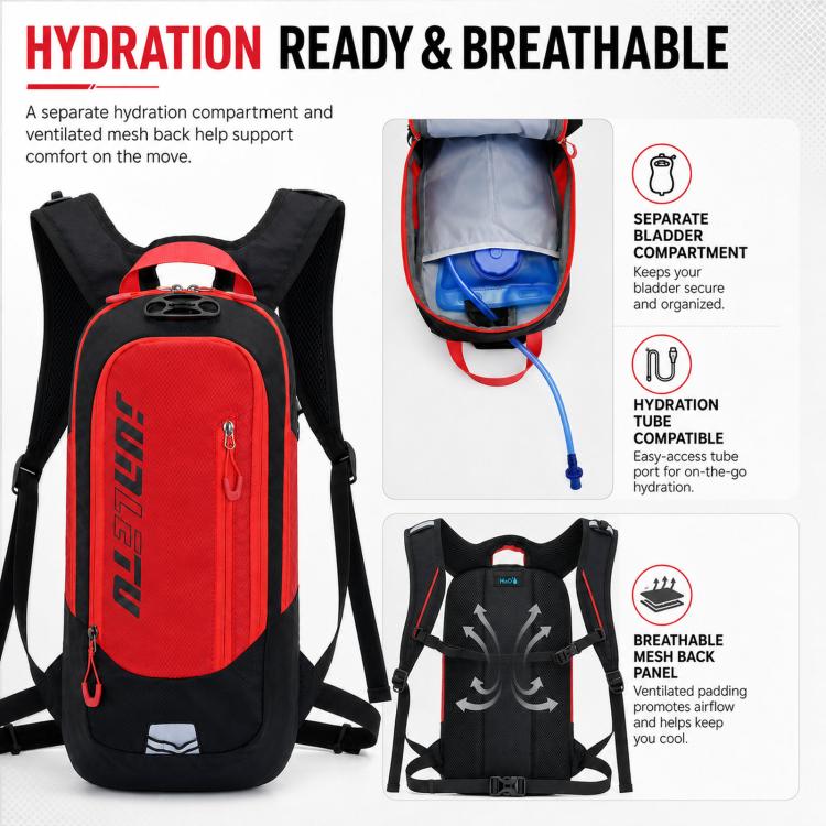 Red and black hydration backpack with hydration tube access and breathable back mesh panel