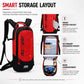 Red and black hydration backpack with front zipper pocket and adjustable shoulder straps