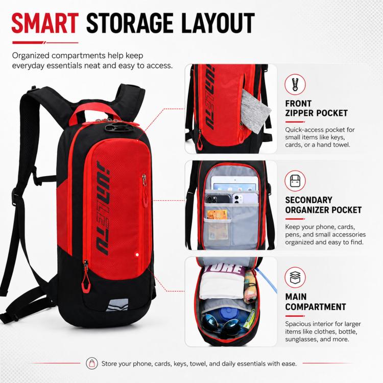 Red and black hydration backpack with front zipper pocket and adjustable shoulder straps
