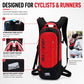 Red hydration running backpack with hydration tube outlet and front zipper compartment