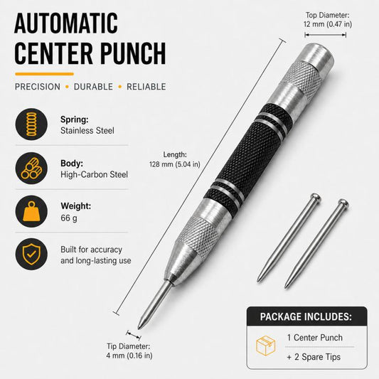 5-Inch Automatic Center Punch Spring Loaded Center Punch Tool Metal/Wood Scriber and Window Glass Breaker Emergency Escape Tool, with 2 Spare Tips
