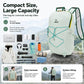 Light green backpack shown with packing capacity items and front bungee cord