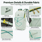 Light green outdoor backpack with dual metal zipper pulls, reinforced stitching, whistle buckle