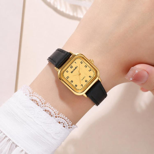 Ladies square quartz watch with gold-tone case and black leather strap