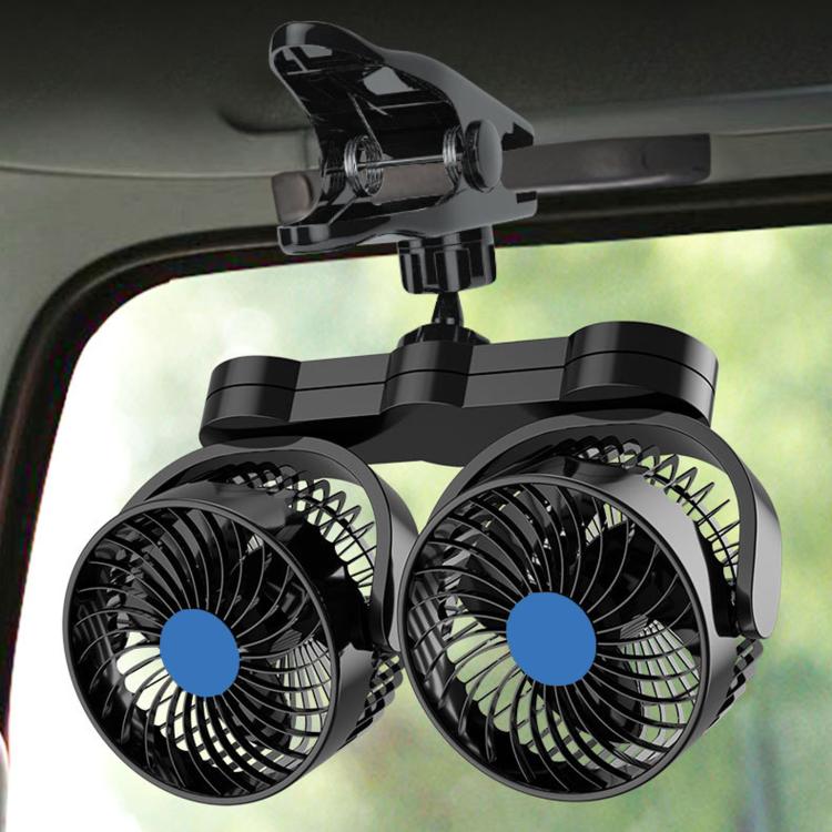 Dual-head black clip-on car fan with two 4-inch grilles and blue center caps