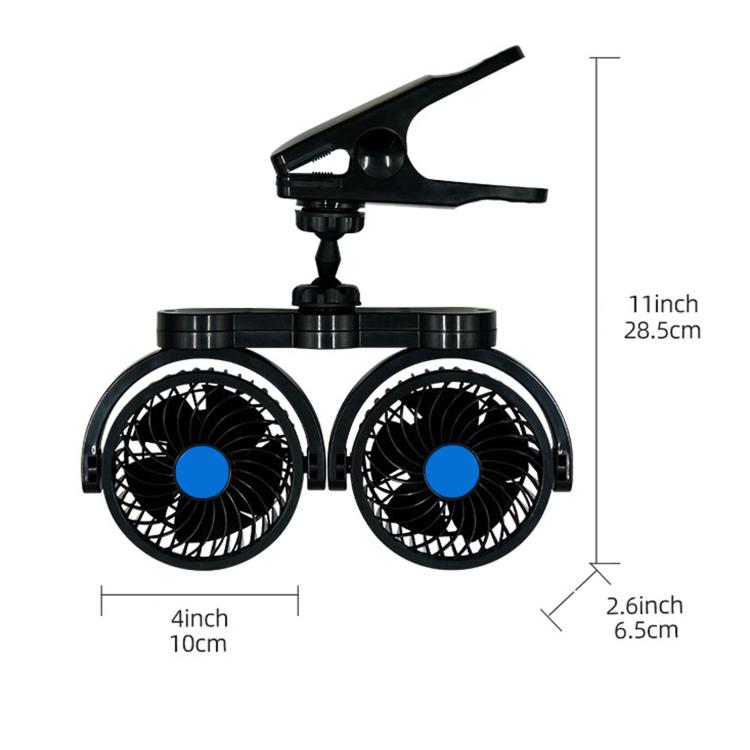 Black dual-head clip-on car fan with 4-inch size and 11-inch overall height