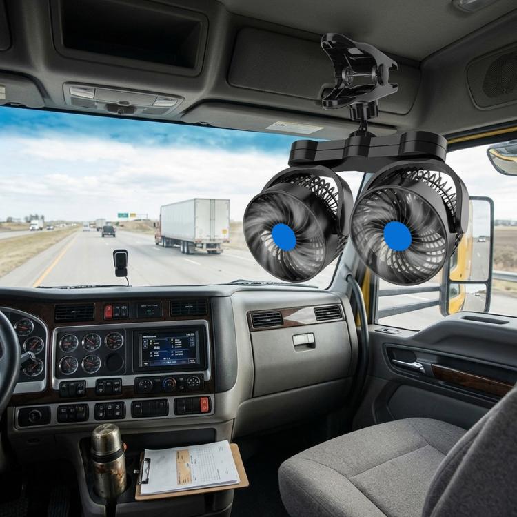 Dual-head black clip-on car fan on dashboard aimed forward with two 4-inch fans