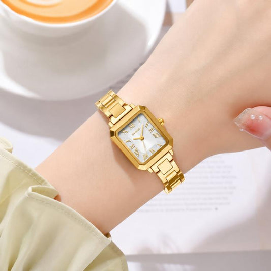 Square ladies quartz watch with gold-tone metal bracelet and champagne dial
