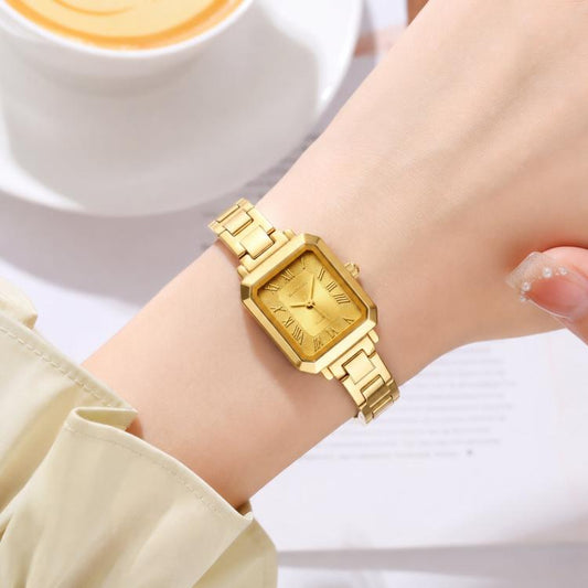 Square ladies quartz watch with gold-tone metal bracelet and gold dial