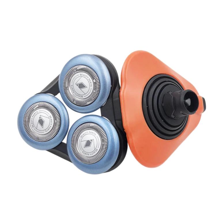 Three circular shaver head blades with blue foils and orange housing
