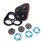 Detached shaver head blade set with blue rings and three metal cutter discs