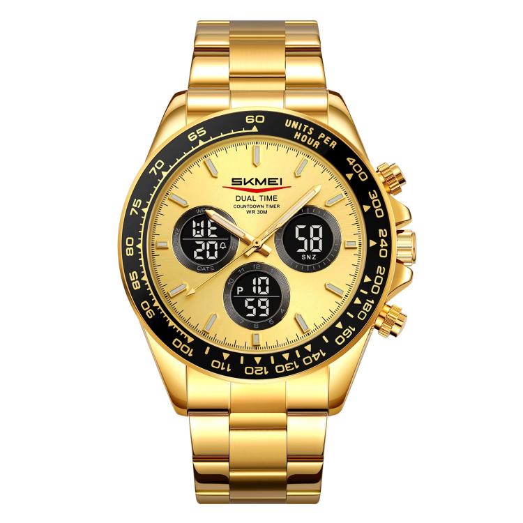 SKMEI gold stainless steel chronograph watch with dual time and black round digital subdials