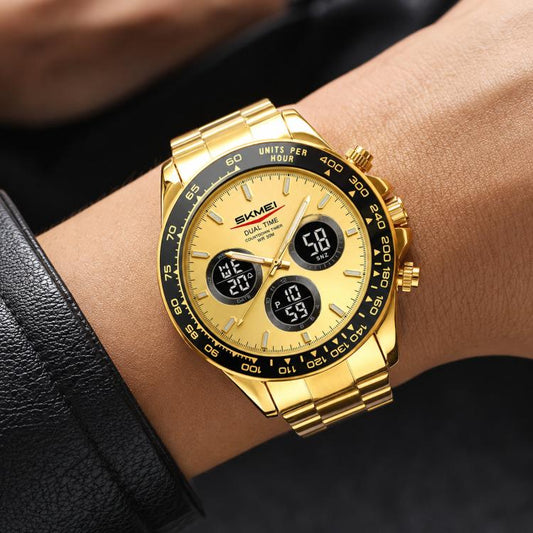 SKMEI gold triple-dial chronograph watch with stainless steel bracelet and digital subdials
