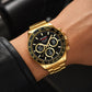 SKMEI gold triple-dial chronograph watch with black dial, digital subdials, and metal bracelet