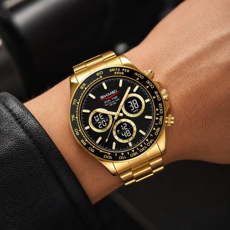 SKMEI gold triple-dial chronograph watch with black dial, digital subdials, and metal bracelet