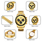 SKMEI gold watch parts diagram showing case, dial, band, clasp, and back cover