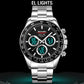 Men's stainless steel chronograph wristwatch, black dial with green digital subdials
