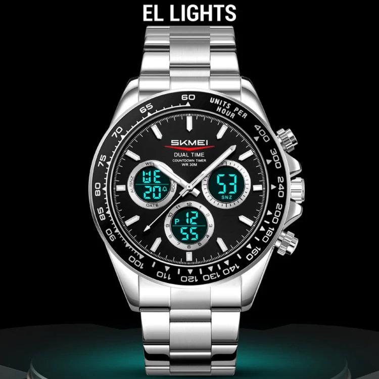 Men's stainless steel chronograph wristwatch, black dial with green digital subdials