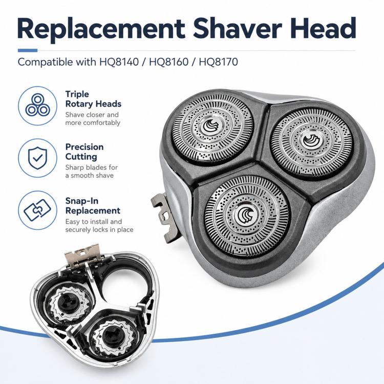Rotary shaver replacement head with three foils, shown with compatible head parts