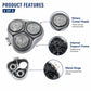 Triple rotary shaver head replacement with internal support frame and metal hinge