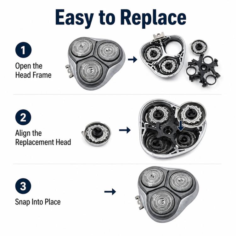 Rotary shaver head replacement set showing snap-in head frame steps