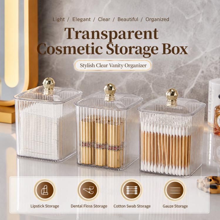 Set of clear cosmetic storage boxes with gold knob lids, holding cotton swabs