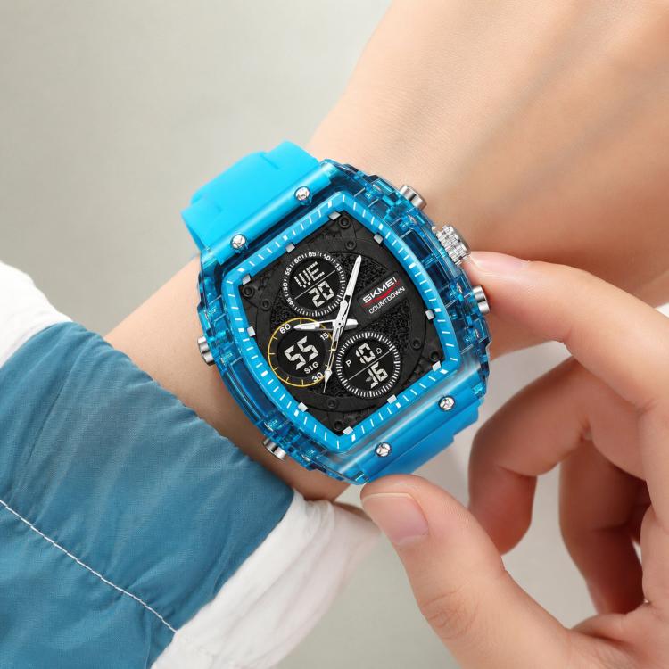 Blue transparent digital sports watch with dual dials on wrist