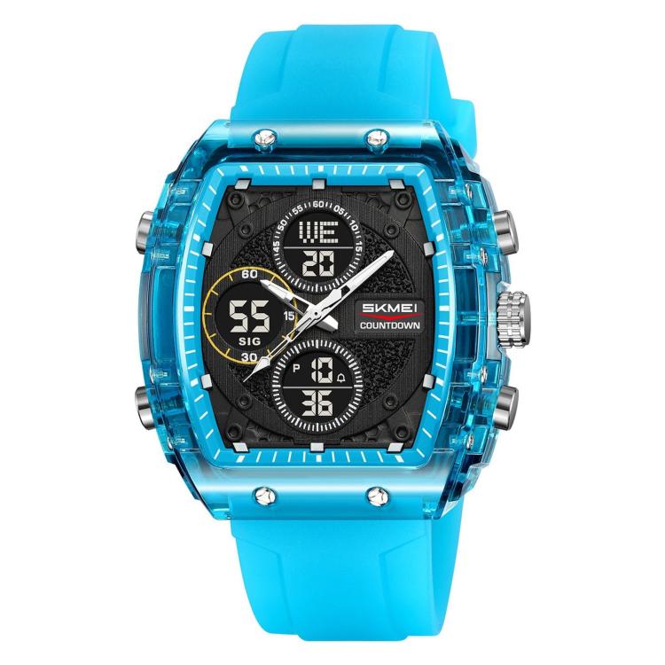 Blue digital sports watch with dual displays and silicone strap, front view
