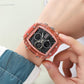 Red transparent digital sports watch with dual dials on wrist