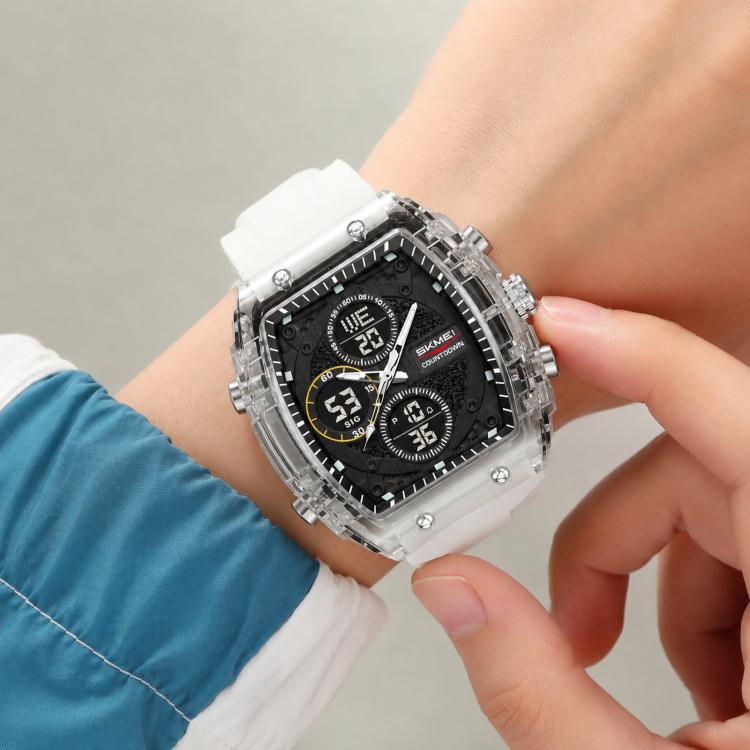 White and silver digital sports watch with dual displays on wrist