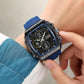 Dark blue digital sports watch with dual dials and textured bezel