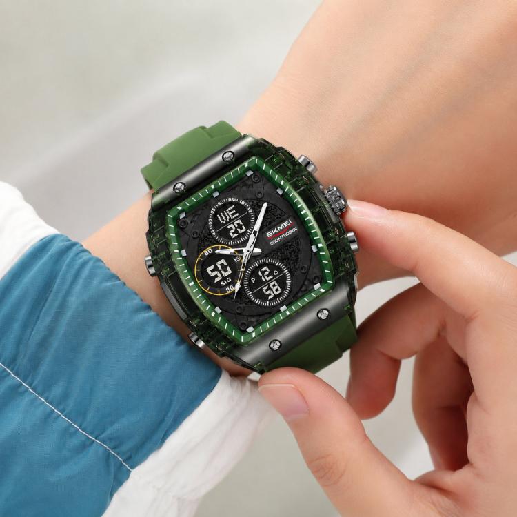 Army green digital sports watch with dual displays and rugged bezel