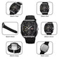 Black sports watch parts diagram showing watch case, band, clasp, mirror, back cover