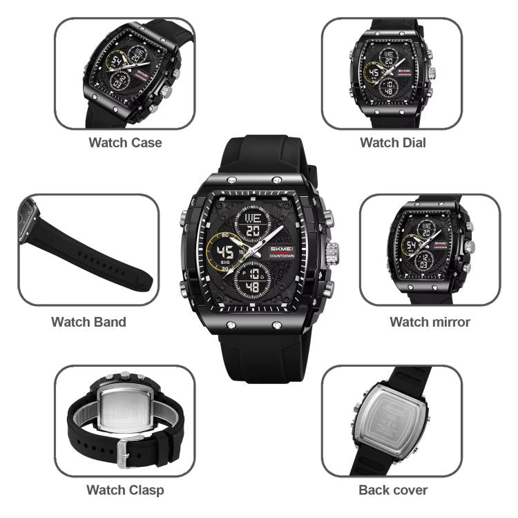 Black sports watch parts diagram showing watch case, band, clasp, mirror, back cover