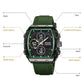 Green digital sports watch diagram with labeled buttons and time/date functions