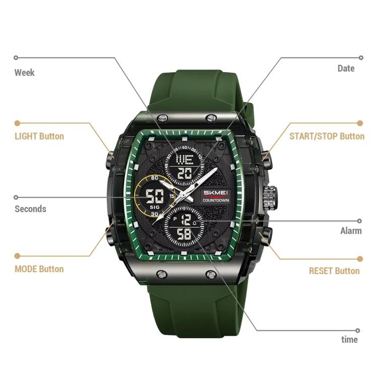 Green digital sports watch diagram with labeled buttons and time/date functions