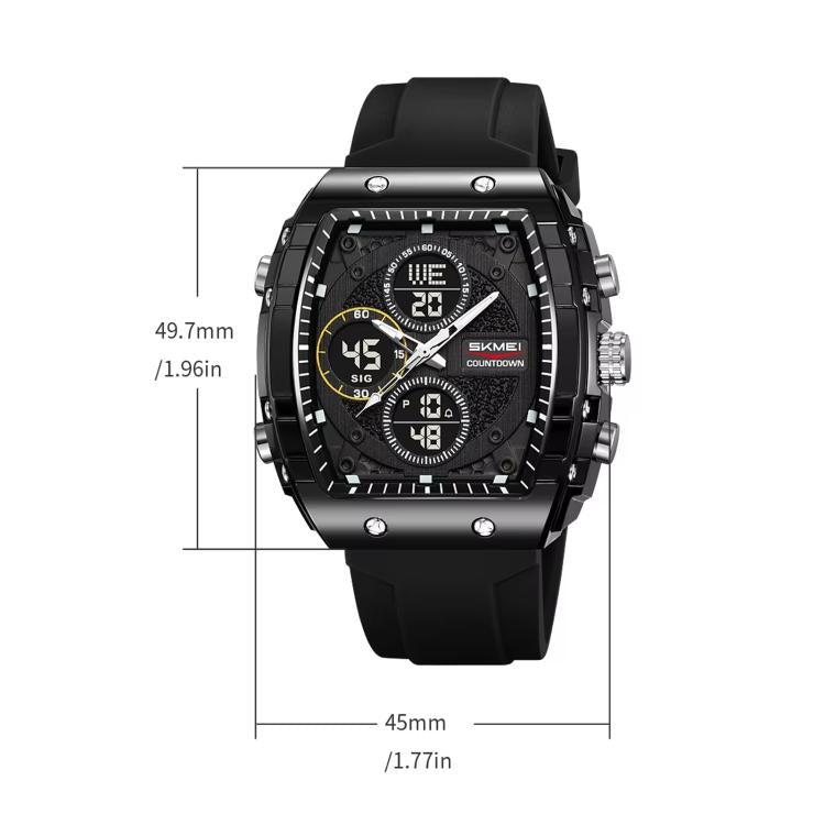 Black digital sports watch with dimensions 49.7mm and 45mm, front view