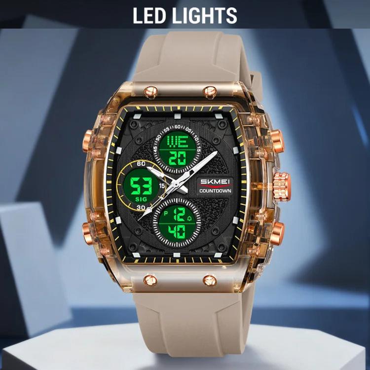 SKMEI dual-display sports watch with white strap, black face and green digital lights